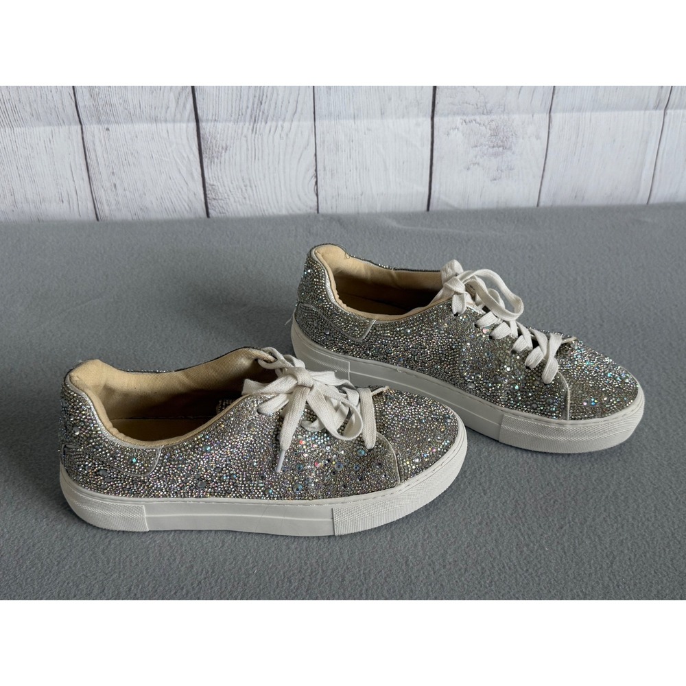 Betsey Johnson Sidny Rhinestone Platform Sneakers Silver Iridescent Sparkle 8.5 - Picture 4 of 10
